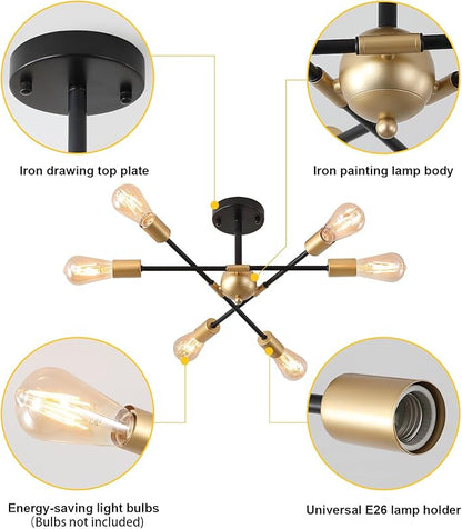 MEIXISUE Modern Semi Flush Mount Ceiling Light Fixture Black and Gold Close to Ceiling Light 6-Light Sputnik Chandelier Light Fixture for Hallway Entryway Bedroom Kitchen Dining Room UL Listed