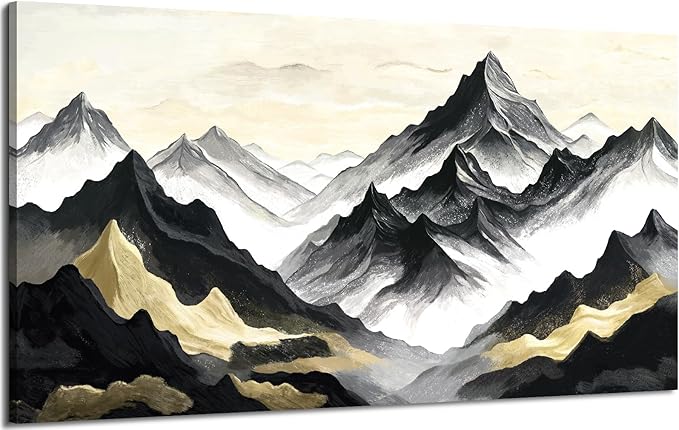 Large Black White And Gold Natural Landscape Wall Art For Living Rooms; Modern Abstract Canvas Prints Artwork For Walls; Chinese-Style Mountain Pictures For Bedrooms, Hallways, And Offices. 48X24 Inches.