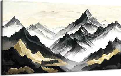 Large Black White And Gold Natural Landscape Wall Art For Living Rooms; Modern Abstract Canvas Prints Artwork For Walls; Chinese-Style Mountain Pictures For Bedrooms, Hallways, And Offices. 48X24 Inches.
