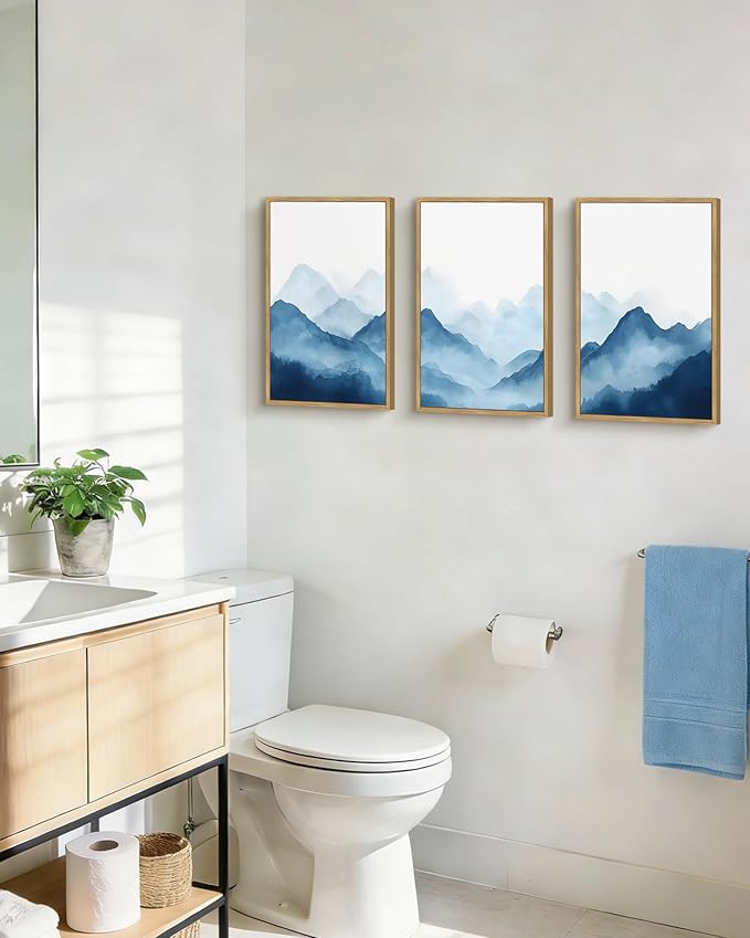 Drsoum Blue Fog Mountains Landscape Wall Art Framed Vintage Nature Misty Nordic Prints Ink Wash Watercolor Boho Farmhouse Rustic Artwork Hallway Bedroom Ready to Hang 11x14in Natural Framed