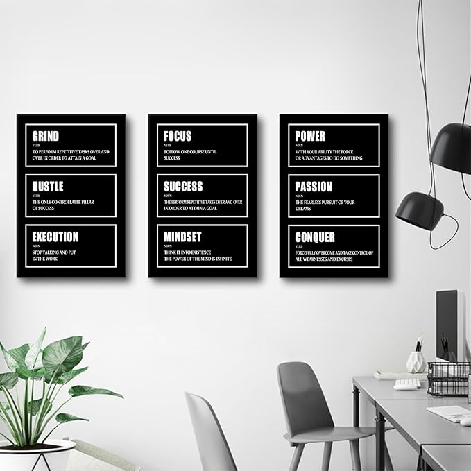 Motivational Wall Art 3 Pieces Black Canvas Posters Prints Inspiring Entrepreneur Quotes Framed Art Wall Decor Inspirational Quotes Wall Art Office Workplace Decoration Ready to Hang [48''W x 24''H]