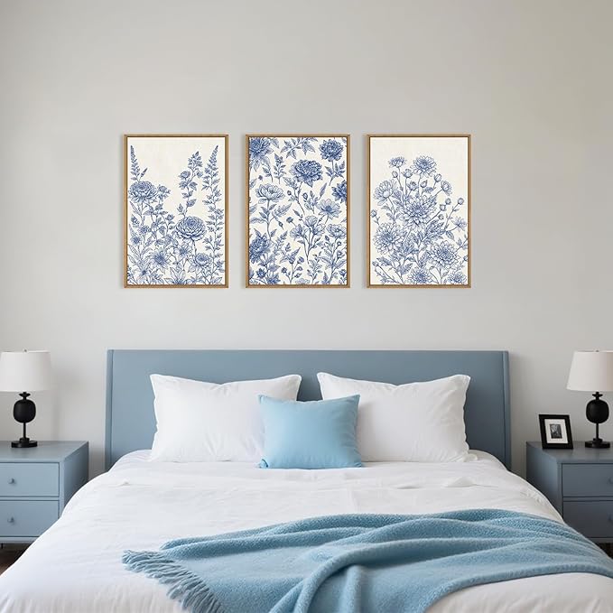 Large Navy Blue Chinoiserie Floral Framed Canvas Wall Art Set,Minimalist Blue and White Flower Wall Decor,Classic Watercolor Botanical Wildflower Art Print for Living Room,Bedroom-16 x24×3