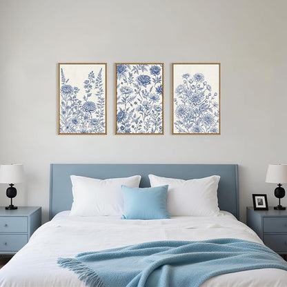 Large Navy Blue Chinoiserie Floral Framed Canvas Wall Art Set,Minimalist Blue and White Flower Wall Decor,Classic Watercolor Botanical Wildflower Art Print for Living Room,Bedroom-16 x24×3
