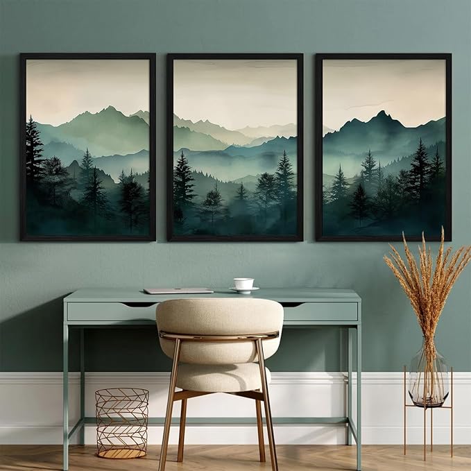 Mountain Wall Art Decor Set of 3 Sage Green Forest Canvas Wall Art Prints Nature Landscape Wall Decor Watercolor Pine Tree Pictures Abstract Modern Painting for Living Room Bedroom 16x24 Inch Framed