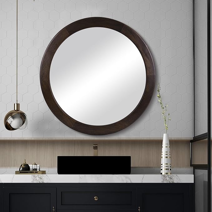 Round Mirrors 24 Inch,Wood Vanity Wall Rustic Mirror with Wood Frame, Wooden Circle Mirror for Bathroom Bedroom Living Room Or Entryway(Dark Walnut Brown)