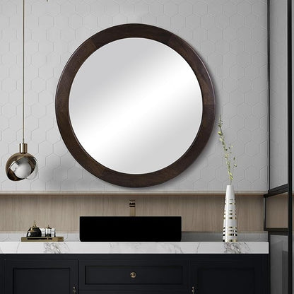 Round Mirrors 24 Inch,Wood Vanity Wall Rustic Mirror with Wood Frame, Wooden Circle Mirror for Bathroom Bedroom Living Room Or Entryway(Dark Walnut Brown)