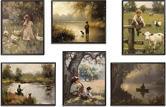 Vintage Countryside Wall Art Set of 6, Unframed Canvas Prints Rustic Farmhouse Nature Landscape Posters, Retro Children and Animal Painting Pictures for Living Room Bedroom Home Decor 8x10 Inch