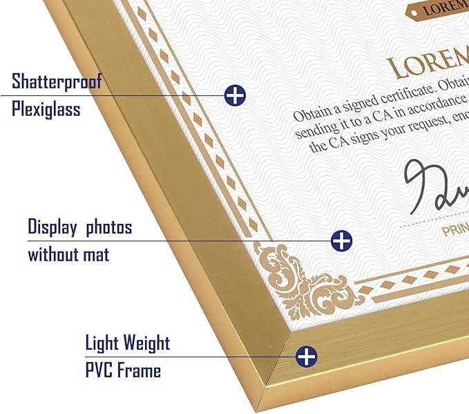 Hoikwo 14 Packs 8.5x11 Gold Multi Plastic Picture Frames Set with Plastic Cover, Certificate Frames for Document Diploma Award, Light Weight Bulk 8.5 by 11 Frames Pack for Wall Hanging and Table