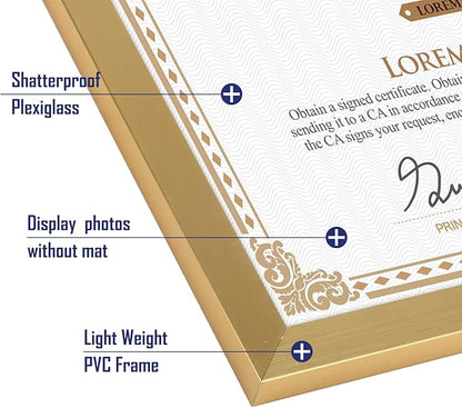 Hoikwo 14 Packs 8.5x11 Gold Multi Plastic Picture Frames Set with Plastic Cover, Certificate Frames for Document Diploma Award, Light Weight Bulk 8.5 by 11 Frames Pack for Wall Hanging and Table