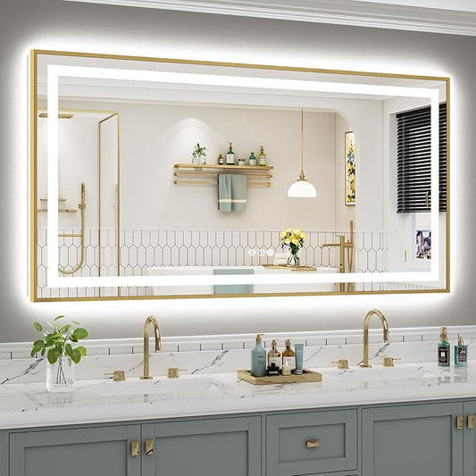 68x36 Inch LED Bathroom Mirror with Gold Frame, Backlit & Front Lit, Anti-Fog Lighted Bathroom Vanity Mirror for Wall, Memory Function, Dimmable, HD Tempered Glass, Shatter-Proof