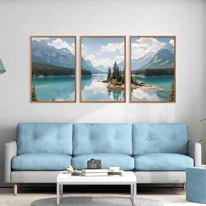 HLNIUC Lake Mountain Landscape Framed Canvas Wall Art,Large Pine Tree Forest Wall Decor,River Island Artwork Set of 3 (24x36),Blue Green Modern Nature Scenery Prints for Living Room,Bedroom,Office