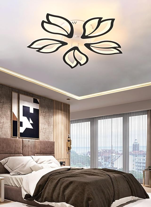 Led Modern Ceiling Light Flush Mount Black 5-Leaf Lights Ceiling Lamp Dimmable with Remote Chandelier 25.59in for Bedroom Living Room Kitchen Dining Room Office