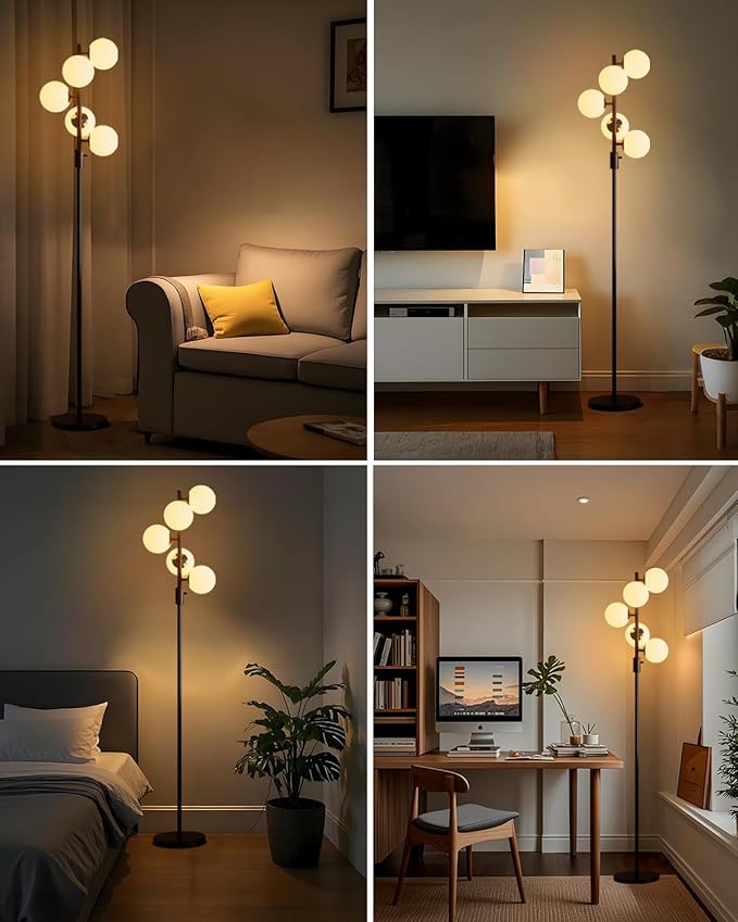 Lightdot 5-Globe Dimmable Globe Floor Lamp Black Retro Standing Lamps with 3000K Bulbs Brightness Adjustable Mid Century Modern Floor Lamp with 5Lbs Heavy Base for Living Room/Bedroom/Sofa Beside