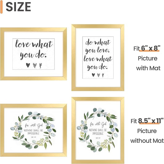 upsimples 8.5x11 Picture Frame Set of 3, Made of High Definition Glass for 6x8 with Mat or 8.5x11 Without Mat, Wall Mounting Photo Frames, Gold