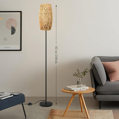 Ruiever Floor Lamp for Living Room,Farmhouse Floor lamp,Modern Standing lamp with Hand-Worked Rattan Shade (Drum Shade-with Remote)