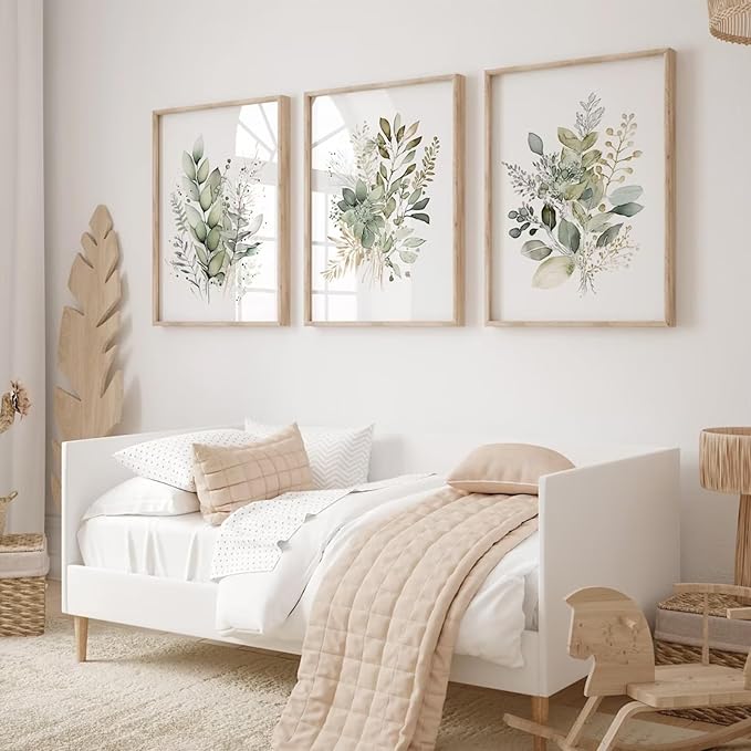 Joocrise Watercolor Botanical Wall Art Set of 3 Boho Floral Canvas Wall Decor Prints Sage Green Wildflower Wall Art Modern Flower Pictures Botanical Painting for Bedroom Bathroom 24x36 Inch Unframed