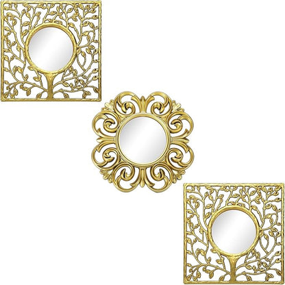 Fourluoo 3 Pack Gold Sunburst Mirrors for Wall Decor Circle Flowers Mirrors Decorative Gold Hanging Wall Art Flowers Mirror for Home Living Dinning Room Bedroom Bathroom Boho Decoration Art(Vintage)