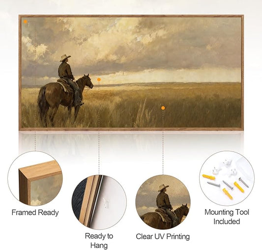 Aurlan Western Cowboy Framed Wall Art(40"x20"), Vintage Neutral Southwestern Horse Riding Canvas Artwork, Mid Century Modern Ranch Gobi Desert Landscape Decor for Man Cave Bedroom