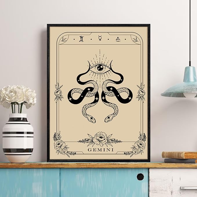 SERIMINO Witchy Framed Wall Art, Gemini Tarot Canvas Prints Paintings, Horoscope Dark Academia Home Decor Aesthetic, 16x24inch Gothic Wall Decor for Room