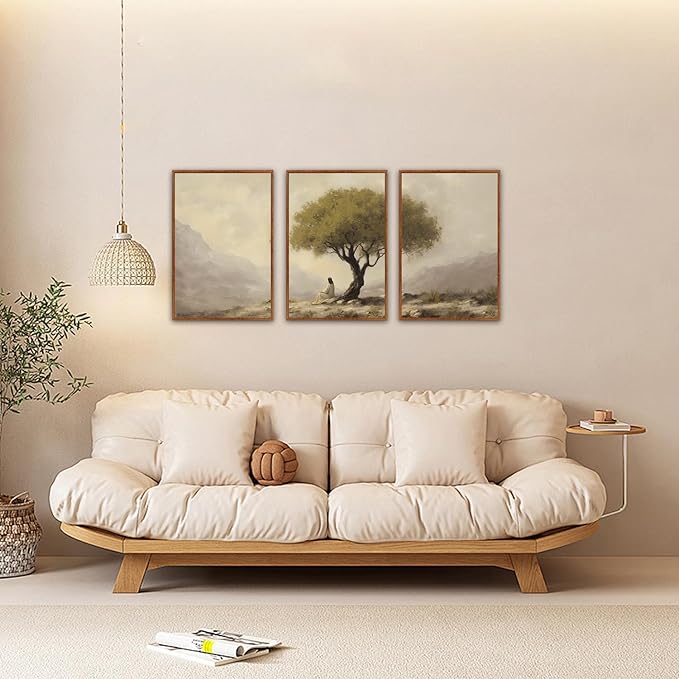 HLNIUC Jesus Sitting Under Olive Tree Canvas Wall Art,Religious Christian Wall Decor(16x24x3),Easter God Bible Story Framed Artwork,Vintage Garden of Gethsemane Prints for Church,Living Room,Bedroom