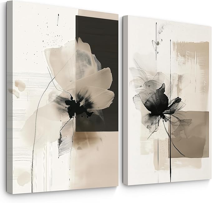 Modern Abstract Floral Wall Art Minimalist Neutral Canvas Painting Decor Beige Cream And Black Wall Art Contemporary Flower Picture Prints for Living Room Bedroom 12x16 Inch Wrapped Canvas Set of 2