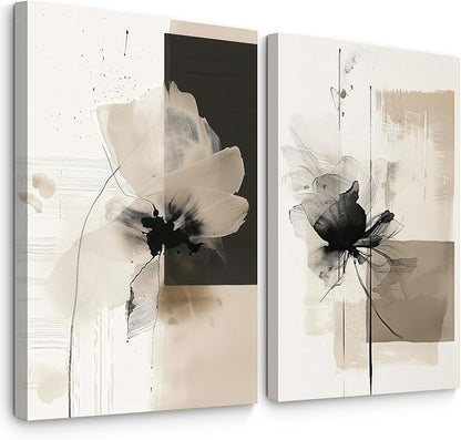 Modern Abstract Floral Wall Art Minimalist Neutral Canvas Painting Decor Beige Cream And Black Wall Art Contemporary Flower Picture Prints for Living Room Bedroom 12x16 Inch Wrapped Canvas Set of 2