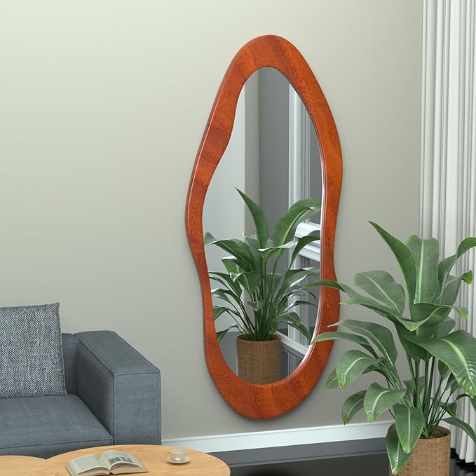 55"x 24" Irregular Wavy Full Length Mirror Brown Wooden Framed Full Body Mirror Irregular Wall Mirrors Hanging for Bedroom Living Room Cloakroom Walnut Brown Color