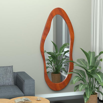 55"x 24" Irregular Wavy Full Length Mirror Brown Wooden Framed Full Body Mirror Irregular Wall Mirrors Hanging for Bedroom Living Room Cloakroom Walnut Brown Color