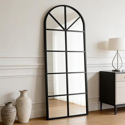 56×22" Arched Window Finished Full Length Mirror, Wall Mirror with Metal Frame, Home Decor Windowpane Mirror, Wall Mounted or Leaning, No Stand - Black
