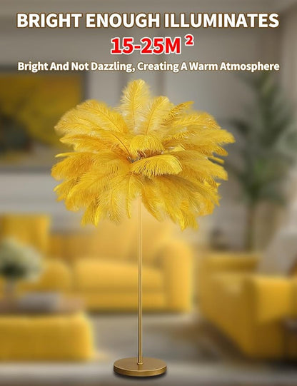 Feather Floor Lamp,Fluffy Ostrich Feather Floor Lamp for Bedroom,3 Color Temperatures Led Corner Modern Floor Lamps for Living Room Christmas Home Decor House Warming Gifts,63″ Height(Golden)