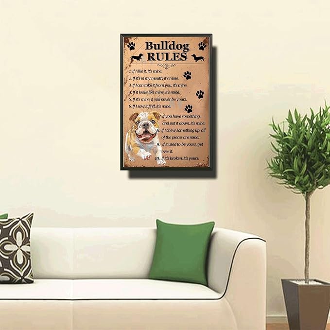 Metal Sign Tin Sign Vintage Wall Art Bulldog Rules Bathroom Signs for Home for Bar 6×8 Inches with Metal Frame