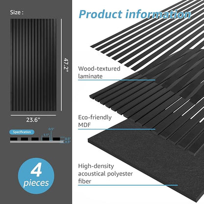 Art3d 4 Pack 47.2 x 23.6in. Wood Slat Acoustic Panels for Wall and Ceiling - 3D Fluted Sound Absorbing Panel with Wood Finish - Matte Black