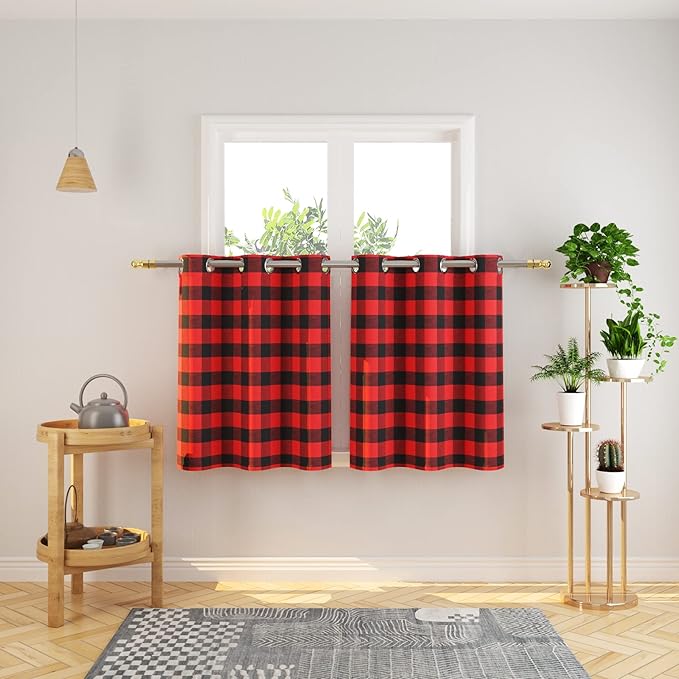 3 Pc Cotton Classic Country Farmhouse Kitchen Window Curtain Grommet Top -Red & Black Buffalo Check Tier & Valance Set, 54" x 18" / 32" x 30"