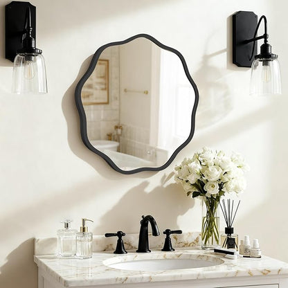 HOMECOOKIN 20" Wavy Round Wall Mirror, Black Scalloped Circle Mirror Edge Round with Metal Frame, Modern Decorative Hanging/Leaning Mirrors for Bathroom, Hotels, Hallway, Entryway, Vanity, Office