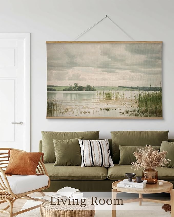 InSimSea 36x54 Extra Large Canvas Scroll Wall Art, Vintage Lake and Green Grass Landscape Oil Painting, Oversized Farmhouse Artwork for Living Room, Bedroom, Dining Room, Office