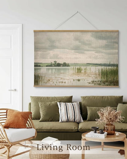 InSimSea 36x54 Extra Large Canvas Scroll Wall Art, Vintage Lake and Green Grass Landscape Oil Painting, Oversized Farmhouse Artwork for Living Room, Bedroom, Dining Room, Office