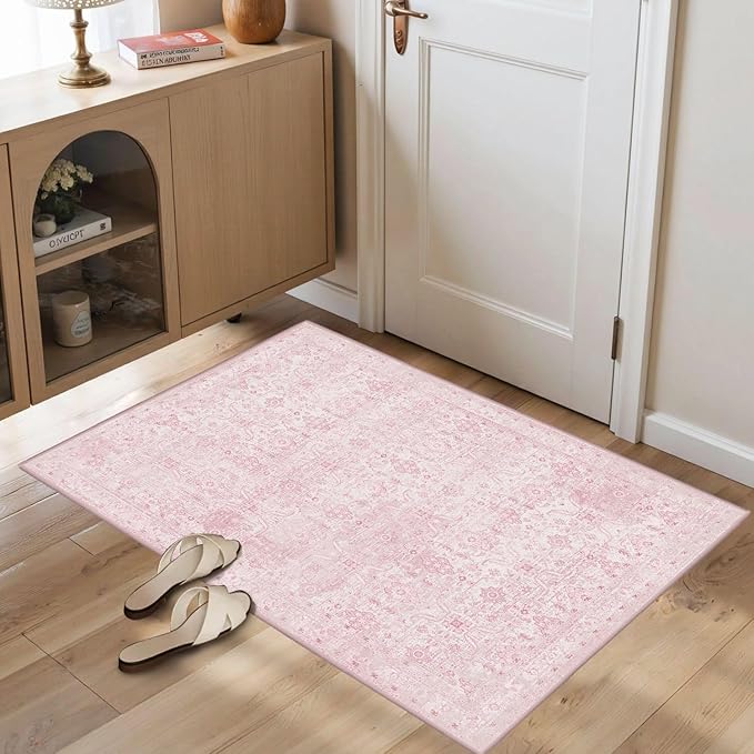 Rugxara 2x3 Entryway Rug Door Mat, Washable Boho Pink Samll Entry Rug, Non Slip Area Rugs, Low Pile Throw Accent Entry Carpet for Indoor Entrance, Front Door Mat, Bathroom and Kitchen(Pink 2x3ft)