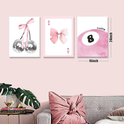 Framed Pink Canvas Wall Decor Set of 3, Pink Bow Wall Art Oil Painting, Girls Preppy Room Decor Picture, Trendy Disco Ball Print Poster for Teen Girl Apartment Bedroom Living Room Aesthetic 16x24 Inch