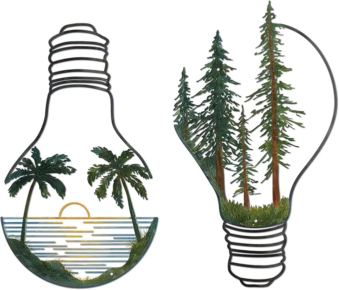 ESTART Metal Pine Tree Wall Art, Metal Bulb Wall Decor, Nature Rustic Farmhouse Cabin Decor, Forest Wall Art for Home Living Room Bedroom Office Indoor and Outdoor Decoration (Colorful)