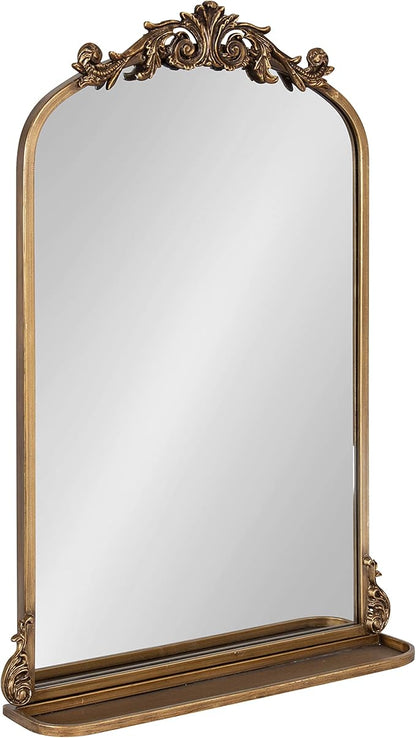 Kate and Laurel Arendahl Traditional Vintage Arch Mirror with Shelf, 21 x 32, Gold, Baroque Antique Arched Wall Mirror with Functional Shelf and Ornate Frame