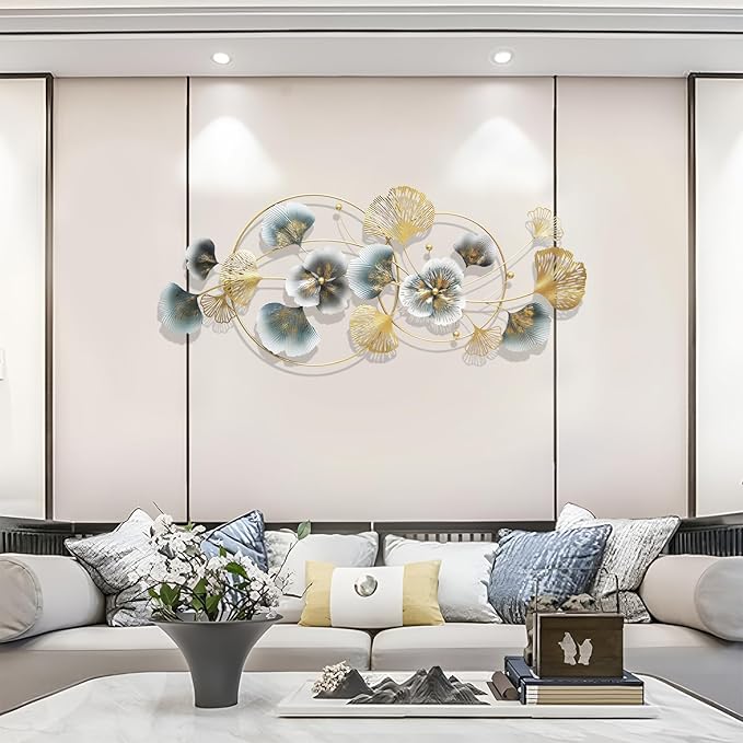QXSXKJ 3D Metal Wall Art Decor Gold, 59" Large 3d Wall Decor, Modern Ginkgo Leaf Wall Decoration, Adornos Pare Sala Modernos, Hanging Sculptures For Living Room Dining Room Bedroom