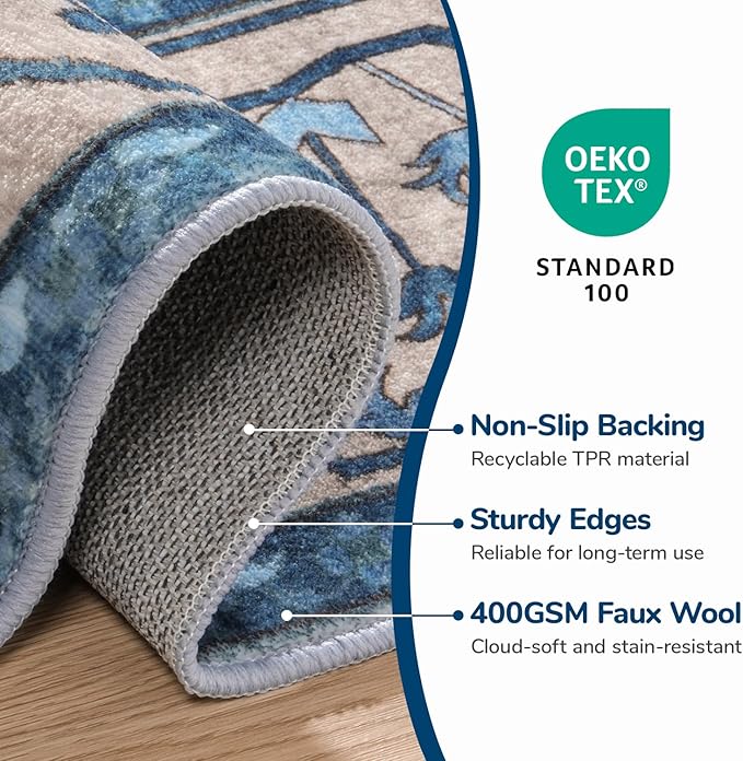 Lessymo 8 x 10 Area Rugs for Living Room- Machine Washable Area Rugs Boho Faux Wool Low Pile Area Rug for Bedroom Floral Medallion Vintage Rugs with Non-Slip Rubber, Kid & Pet Friendly, Blue Brown
