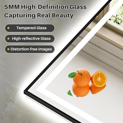 44x36 Inch LED Bathroom Mirror with Black Frame, Backlit & Front Lit, Anti-Fog Lighted Bathroom Vanity Mirror for Wall, Memory Function, Dimmable, HD Tempered Glass, Shatter-Proof