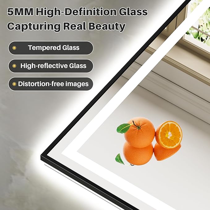 48x40 Inch LED Bathroom Mirror with Black Frame, Backlit & Front Lit, Anti-Fog Lighted Bathroom Vanity Mirror for Wall, Memory Function, Dimmable, HD Tempered Glass, Shatter-Proof