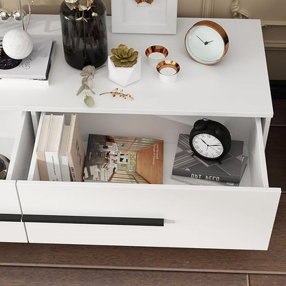 Modern TV Console Extendable Media Console, Adjustable Length, Contemporary Entertainment Center with Drawers and Legs, for Living Room White and Black (95”-133.9”W x 15.2”D x 13.1”H)