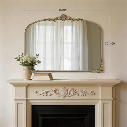 Besdomus Large Gold Arched Mirror: 40"x30" Matt Gold Baroque Vintage Wall Mirror - Traditional Ornate Antique for Bedroom/Fireplace/Entryway/Bathroom/Living Room - Ideal for Fashion-Conscious