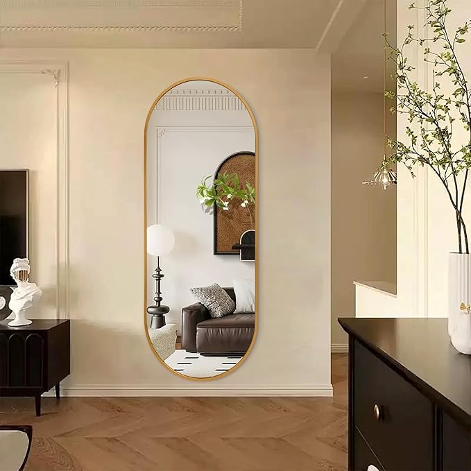 JJUUYOU Oval Full Length Bathroom Mirror Wall Mounted Mirror Gold Metal Mirrors 63"X32" Aluminum Alloy Framed Bedroom Mirrors for Living Room Entryway Dorm and Entryway