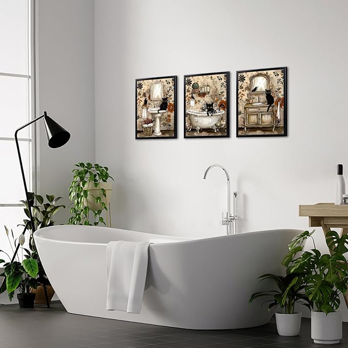 sechars Vintage Bathroom Wall Art Black Cats Painting Pictures Framed Bathroom Decor Canvas Print