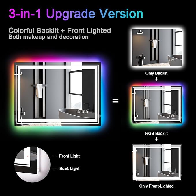 Snowdool LED Mirror for Bathroom, 48"X30" with 8 RGB Backlit +3 Front Lit (Adjustable Individually), Anti-Fog, Large Lighted Bathroom Vanity Mirror for Wall,Shatterproof,Memory Function,Tempered Glass