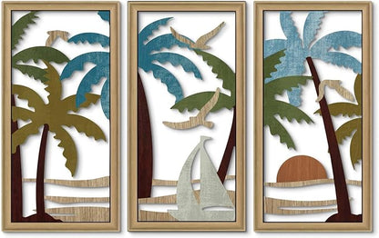 Putuo Decor Palm Tree Wall Decor Set of 3, Coastal Wall Decor, Boho Wall Art, Beach Themed Wooden Wall Plaque for Living Room Bedroom Bathroom
